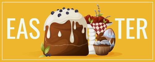 Festive flyer for Happy Easter. Traditional cake with icing, chocolate bunny cupcake, red eggs on a plate with stand, willow twigs and an egg. Vector illustration for poster, banner, website.