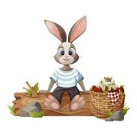 Funny bunny sits on a log. Wicker basket with red eggs and Easter cake. Vector illustration for the spring holiday. Wildlife, forest animals. Isolated background.