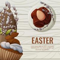 Easter attributes on a wooden background. Baking with a chocolate bunny, a bouquet of willow branches, an egg in a plate. Vector illustration for spring religious holiday. For banner, poster, postcard