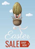 Easter sale. A bunny flies in a balloon in the shape of an egg, willow twigs. Vector illustration for the spring holiday. For banner, poster, flyer