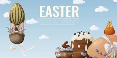 Easter banner with holiday attributes, a bunny flies in an egg-shaped balloon, a traditional cake and pastry. Place for text. Horizontal poster, sky background. vector