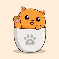 Orange Cat in Cup Waving Paws Cartoon - Orange Pussy Cat Vector