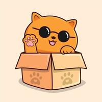 gato naranja en caja de dibujos animados agitando la mano - lindo gato gatito con gafas cool vector