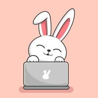 Cute Rabbit Playing Laptop Cartoon - Bunny Hide Behind Laptop vector