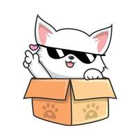 gato blanco escondido en una caja - lindo gatito blanco en una caja gafas de sol geniales vector