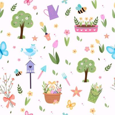 Spring elements collection cute birds bees flowers butterflies easter eggs hand drawn elements. pattern