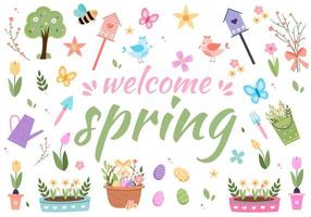 Hello spring lettering with cute birds, bees, flowers, butterflies. hand drawn flat cartoon elements. vector