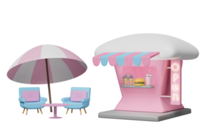 mesa de café 3d con etiqueta abierta, tienda de café, helado, paraguas, hamburguesa o hamburguesa, sándwich, vidrio aislado. viajes de verano, ilustración 3d png