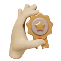 les mains tiennent la médaille du gagnant 3d, icône de ruban de garantie de qualité dorée isolée. ruban de qualité supérieure, concept minimal, illustration de rendu 3d png