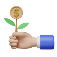 Las manos 3d sostienen el icono del dinero del árbol para el icono del banco aislado. concepto de crecimiento empresarial, resumen mínimo, ilustración 3d png