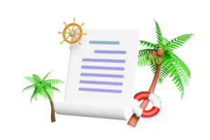 Lista de verificação 3D com espaço de cópia, palmeira, bóia salva-vidas, leme isolado. conceito de viagens de verão, ilustração de renderização 3d png