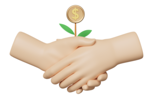 3d handslag ikon med träd pengar ikon för Bank isolerat. företag tillväxt, företag partners begrepp, minimal abstrakt, 3d framställa illustration png