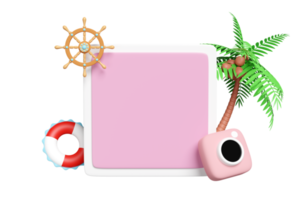 3D photo frame with copy space, palm tree, lifebuoy, helm, camera isolated. summer travel concept, 3d render illustration png