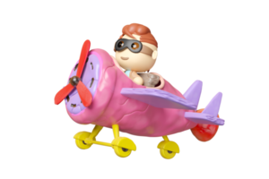 child pilot character from plasticine with pilot glasses, propeller plane on the airport isolated. clay toy icon concept, 3d render illustration png