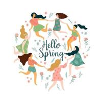 Hola primavera. ilustración aislada con mujeres. diseño vectorial para afiches, tarjetas, invitaciones, carteles, folletos, volantes y otros usos vector