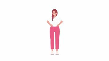 mujer joven exitosa animada. mujer empresaria. persona plana de cuerpo completo sobre fondo blanco con transparencia de canal alfa. Imágenes de video de 4k de estilo de dibujos animados en color del personaje para animación