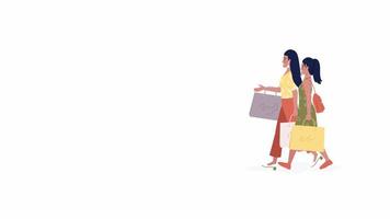 Animated mom and daughter shopping. Buying clothes. Full body flat people on white background with alpha channel transparency. Color cartoon style 4K video footage of characters for animation