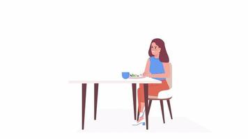 mujer animada hablando durante la cena. disfrutando de la comida de ensalada. persona plana de cuerpo completo sobre fondo blanco con transparencia de canal alfa. Imágenes de video de 4k de estilo de dibujos animados en color del personaje para animación