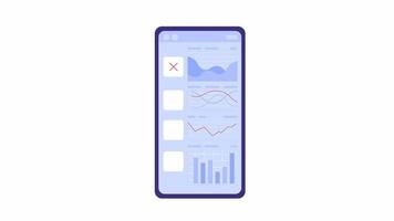 Animated choose stock charts on app. Data visualization on phone. Flat cartoon style element 4K video footage. Color illustration on white background with alpha channel transparency for animation