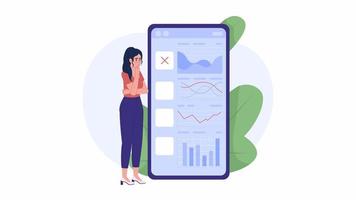 Animated making investing list. Investor with app on mobile phone. 4K video footage. Concept animation. Looped 2D cartoon flat character on white with alpha channel transparency for web design