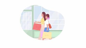 Animated mother daughter bonding. Black friday. Looped flat 2D characters 4K video footage. Color isolated animation on white background with alpha channel transparency for website, social media