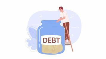 Animated go into invest debt-free. Debt repayment strategy. 4K video footage. Concept animation. Looped 2D cartoon flat character on white with alpha channel transparency for web design