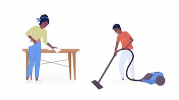 Animated doing chores together. Split up responsibilities. Full body flat people on white background with alpha channel transparency. Color cartoon style 4K video footage of characters for animation