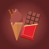 Chocolate ice cream in the cone with chocolate bar vector