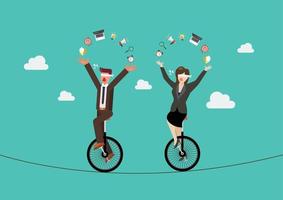 Blind businessman and woman riding unicycle on a wire vector