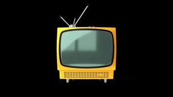 vintage gelber tv-empfänger mit grünem bildschirm isoliert auf schwarzem hintergrund video