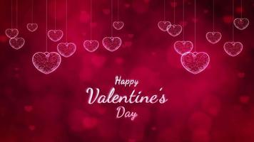 San Valentino giorno testo rivela astratto rosso sfondo, rosso cuore sagomato ondeggiante e particelle fluente per San Valentino giorno video