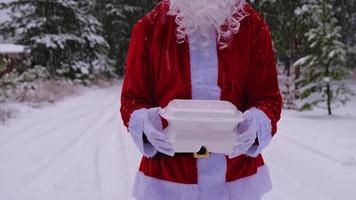 Food delivery service containers in hands of Santa Claus outdoor in snow. Christmas eve promotion. Ready-made hot order, disposable plastic box. New year holidays catering. Copy space, mock up video