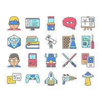 conjunto de iconos de colección geek, nerd y gamer vector