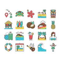 conjunto de iconos de resort de vacaciones en la isla de hawaii vector