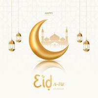 Eid al fitr mubarak illustration with moon lantern and mosque on clean background vector