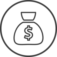 Money bag icon in thin line black circle frames. png