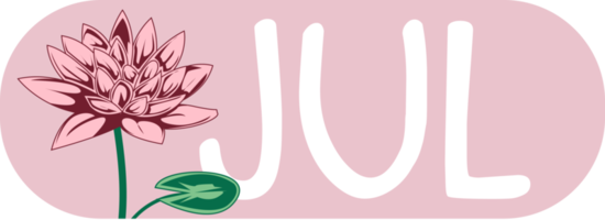 Juli-Namensschild-Etikettenaufkleber mit Geburtsmonatsblumen-Seerosenillustration png