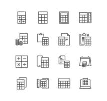 Set of calculation and accounting related icons, calculator, money, audit, tax, revenue, payable, credit and linear variety vectors. vector