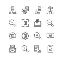 Set of calculation and accounting related icons, calculator, money, audit, tax, revenue, payable, credit and linear variety vectors. vector