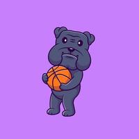 lindo bulldog sosteniendo ilustración de iconos de vector de dibujos animados de baloncesto. concepto de caricatura plana. adecuado para cualquier proyecto creativo.