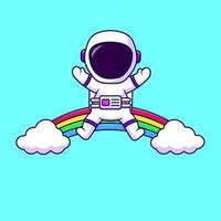 lindo astronauta sentado en la ilustración de iconos de vector de dibujos animados de nube de arco iris. concepto de caricatura plana. adecuado para cualquier proyecto creativo.