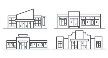 Supermarkets icons set. Mall centre outline illustration. Shop buildings set. Vector