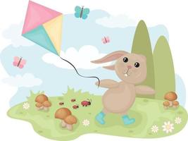 Rabbit with a kite. Cute summer illustration with a cartoon rabbit running with a kite, in a field with mushrooms and berries. Vector illustration