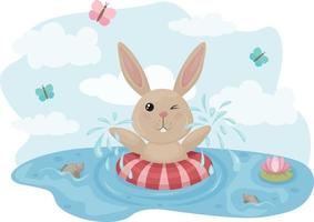 un conejo está nadando en el lago. ilustración de verano con la imagen de una liebre de baño. lindo conejito con un círculo inflable en el fondo de mariposas voladoras. ilustración vectorial vector