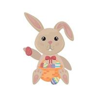 Easter bunny. A cute rabbit in cartoon style is sitting with a basket of Easter eggs. Funny bunny with colorful Easter eggs. Vector illustration isolated on a white background