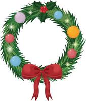 Christmas wreath. Round Christmas wreath on the door. A wreath of holly and Christmas balls with a red bow. Festive decoration. Vector illustration isolated on a white background