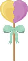 A bright heart-shaped lollipop with a green bow on a stick. A sweet lollipop on a stick. New Year s candies. Sweets for Valentine s Day. Vector illustration isolated on a white background