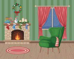 Christmas interior. Vector illustration of a New Year s interior. Fireplace decorated with Christmas decorations, socks. A chair in the middle of the room with a snow-covered window