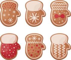 lindo juego navideño con pan de jengibre. pan de jengibre de año nuevo en forma de mitones pasteles festivos. galletas navideñas en forma de manoplas. ilustración vectorial aislada en un fondo blanco vector