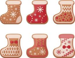 A sweet set of gingerbread cookies in the form of a boot with various patterns. Collection of Christmas gingerbread. Sweet festive baking sock. Vector illustration